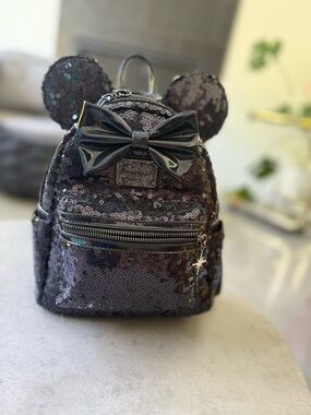 Loungefly Black Iridescent Sequin Mini Backpack with Bow & Ears